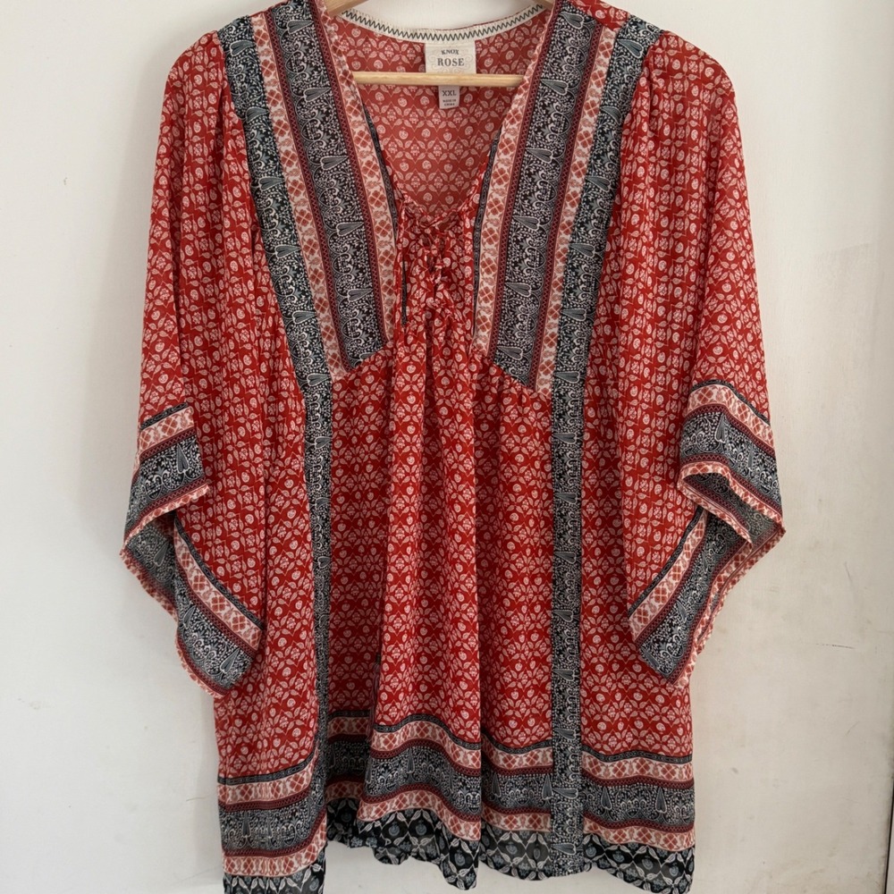 Knox‎ Rose Sheer Floral Flutter Sleeve Tie Front Top Size XXL Boho Prairie Tunic